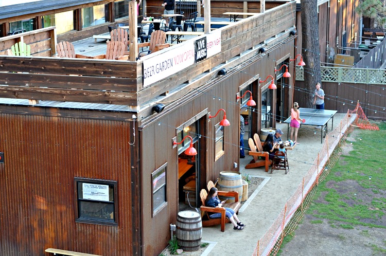 Outdoor beer garden at Basecamp Hotel in Tahoe South