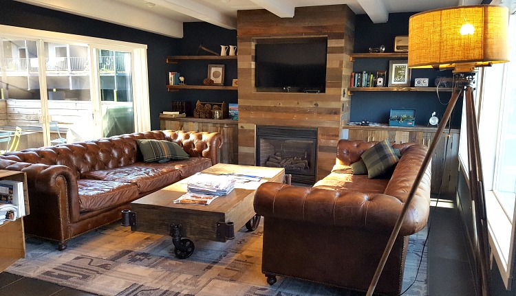 Rustic lobby inside Basecamp Hotel in Tahoe South