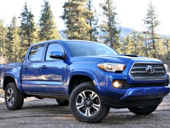 Front angle view of blue Toyota Tacoma in front of the forest