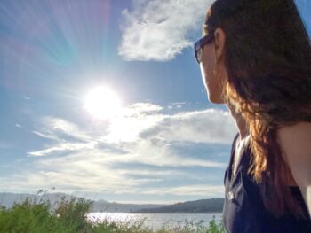 Chrystal gazing at lake after getting health news