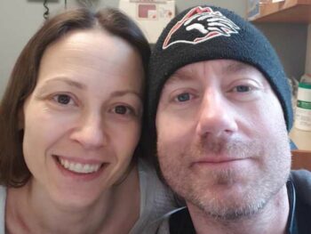 Close up of Brian and Chrystal at doctor on a Saturday
