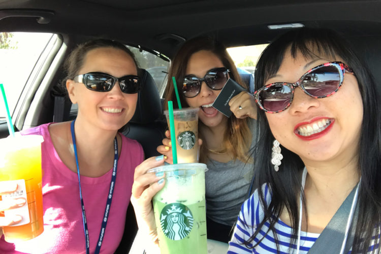 Enjoying our Starbucks drinks and paying it forward by paying for the next customer's order