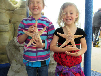 Zoë and Kaylee holding star fish at Birch Aquarium La Jolla