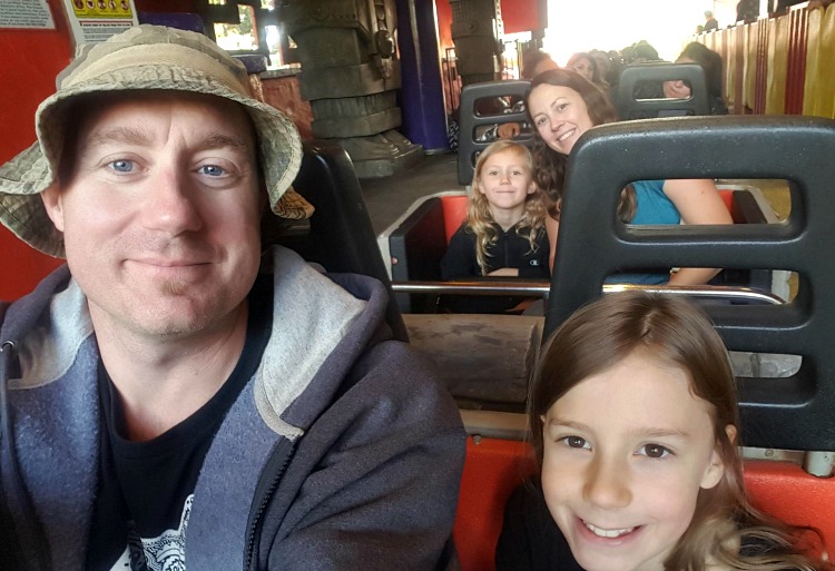 The Johnson family on the Jaguar ride at Knott's Berry Farm