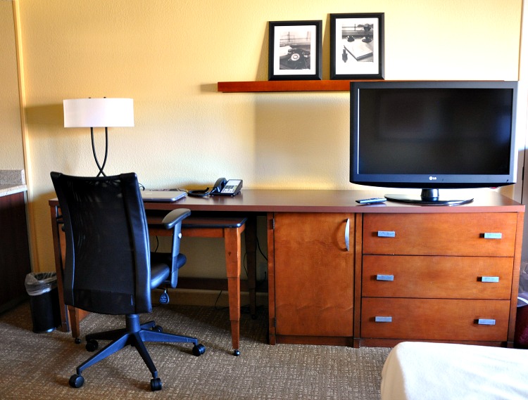 TV and desk at Marriott Courtyard in Buena Park, CA