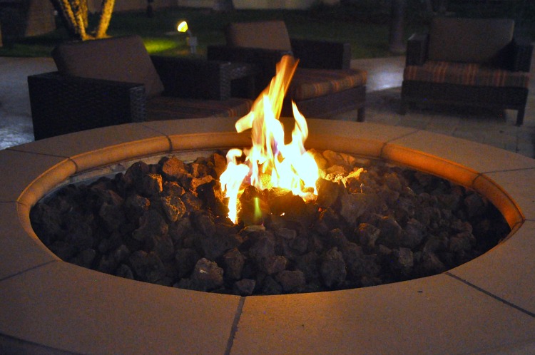 Marriott Courtyard Firepit lit up at night