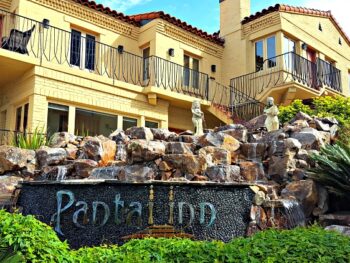 Pantai Inn entrance with waterfall
