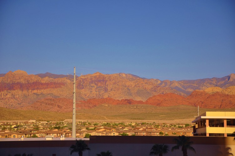 View of the red rocks in the morning from our suite at Red Rock Resort