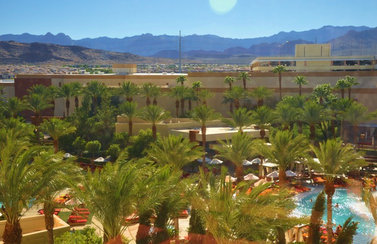 View from our suite at Red Rock Casino hotel overlooking pool, desert and mountains