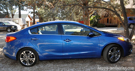 Side view of blue Kia Forte in driveway with trees