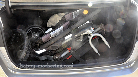 BOB Duallie double jogger stroller in the trunk of the Kia Optima Hybrid