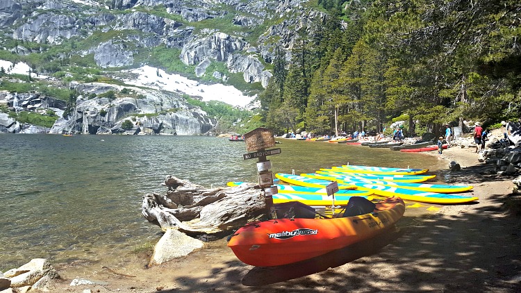 Kayaks on the shore of Angora Lake in Tahoe South